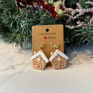 Handmade Gingerbread House Earrings with Gold Accents